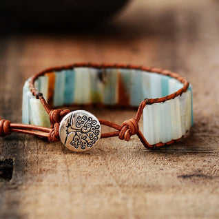 Elegant Amazonite Stone Bracelet with Leather Cuff