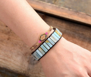 Elegant Amazonite Stone Bracelet with Leather Cuff