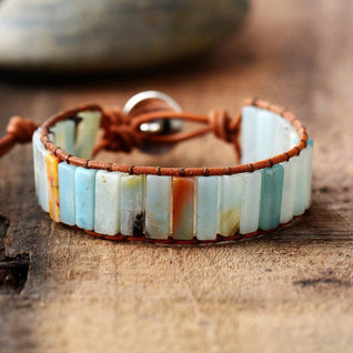 Elegant Amazonite Stone Bracelet with Leather Cuff
