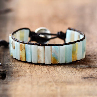 Elegant Amazonite Stone Bracelet with Leather Cuff
