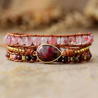 Braided Leather Bracelet with Beautiful Rhodonite for an Elegant and Unique Style
