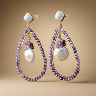 Pearl and Gemstone Drop-Shaped Earrings
