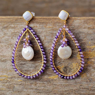 Pearl and Gemstone Drop-Shaped Earrings