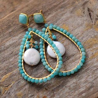 Pearl and Gemstone Drop-Shaped Earrings